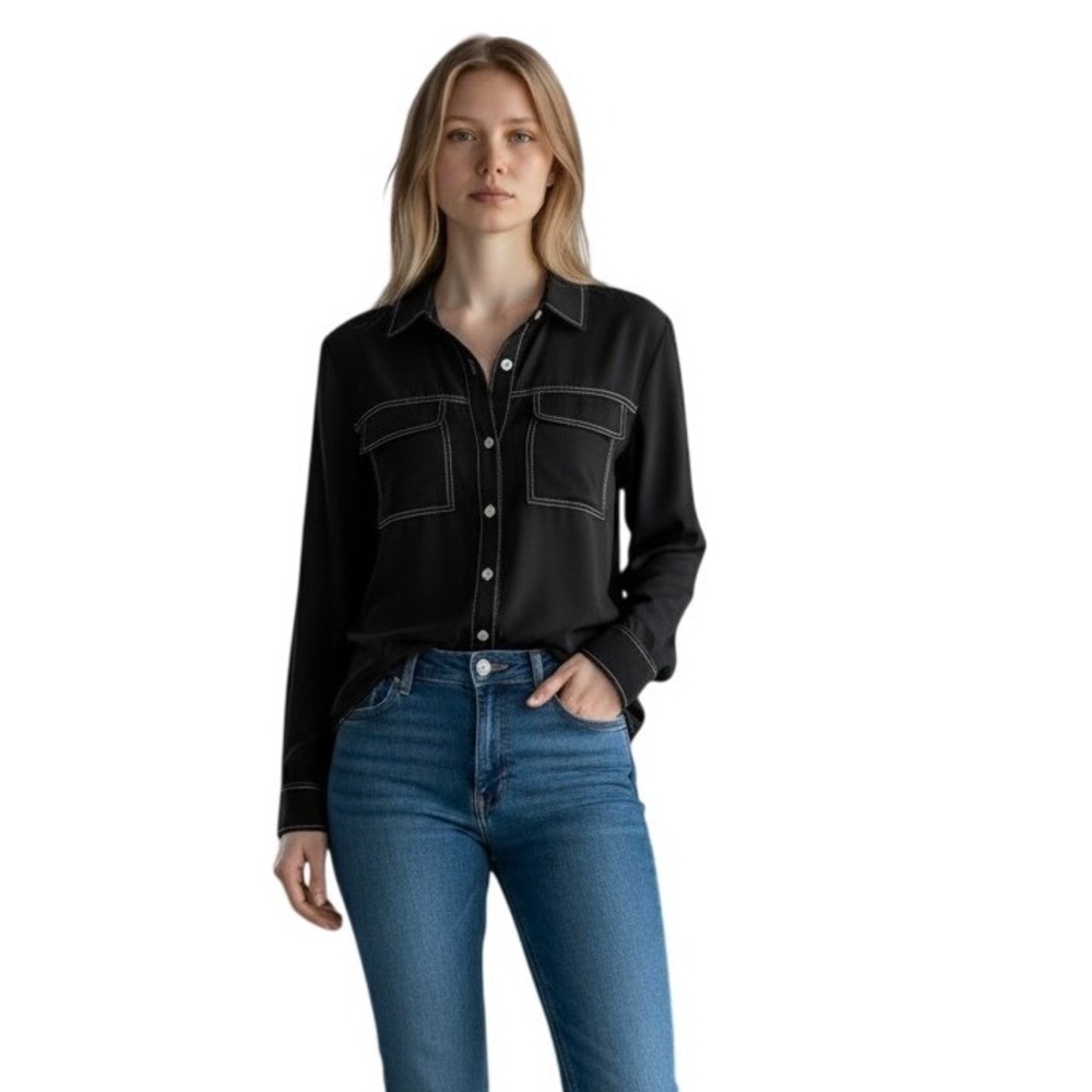 Vince Camuto Black Contrast Stitch Long Sleeve Button Down Utility Shirt XXS
